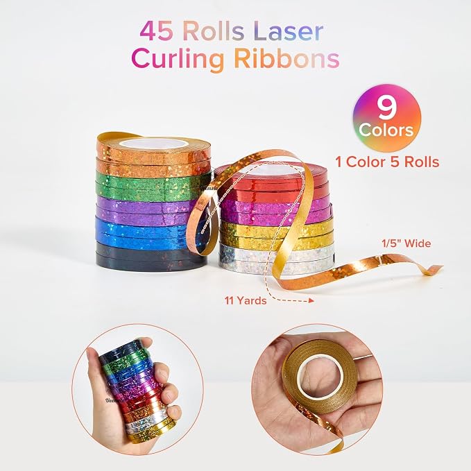 45 Rolls 9 Laser Colors Curling Ribbon Balloon Curling Ribbons Set, 3/16 Inch x - Image 3