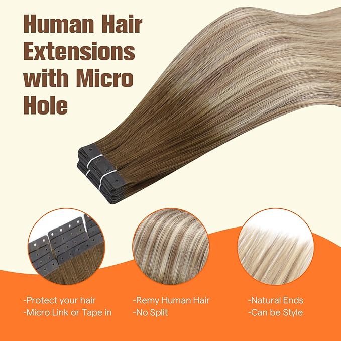 Full Shine Tape in Hair Extensions Human Hair Color 3/8/22 Dark Brown to Ash Brown and Blonde 22Inch 50G 20PCS Tape in with Holes Tape Extensions Human Hair Glueless Invisible Soft Remy