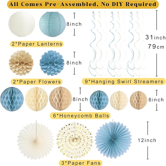 Dusty Blue Baby Shower Decorations Boy, Pre-Strung, Honeycomb Balls, Paper - Image 4