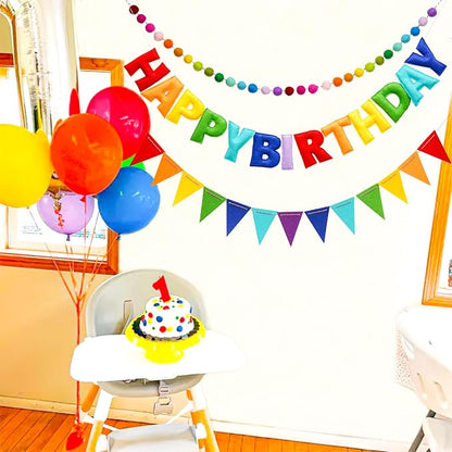 3 Pcs Pre-Strung Happy Birthday Banner, Felt Ball Garland, Pennant Triangle - Image 8
