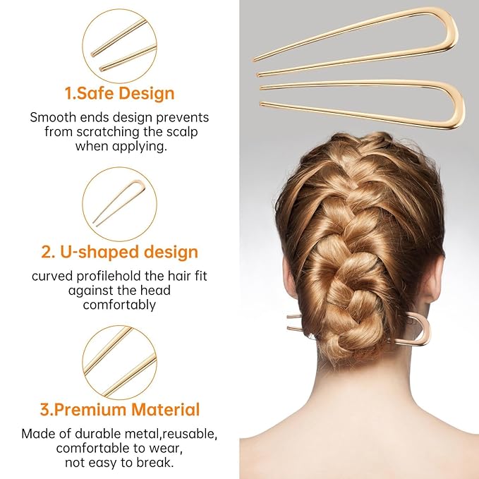 U-shaped Hairpin for women hair accessories- Elegant Metal French hair pin for a firm updo, Easily creating French buns and braids, stable and comfortable all day, 1pc (Gold)