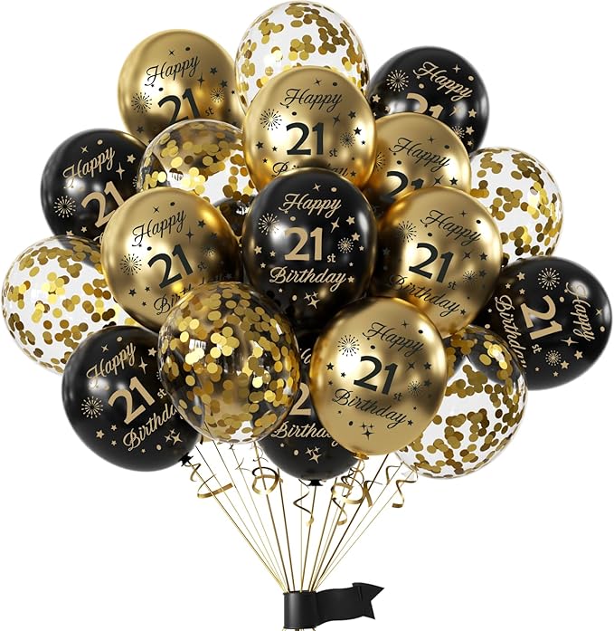 Black Gold 21st Birthday Balloons Pack of 15 Men Women Happy 21st Birthday by Hongplus