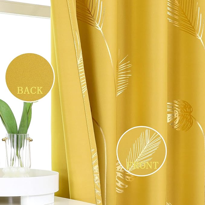 Yellow Blackout Curtains for Bedroom, Room Darkening Gold Palm Tree Pattern - Image 3