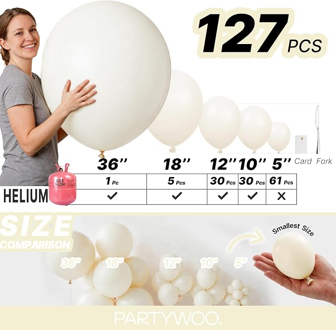 PartyWoo Beige Balloons 127pcs Different Sizes of 36 18 12 10 5 Inch Cream - Image 6
