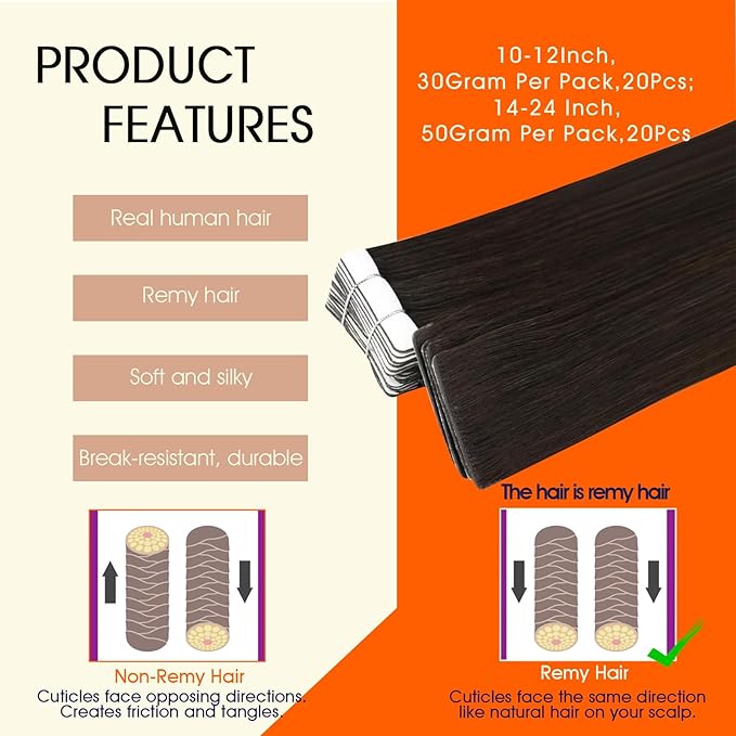 Full Shine Brown Insert Human Hair Tape in Extensions Injected Tape in Hair Extensions Color 2 Dark Brown Soft Long Extension 22Inch Seamless Skin Weft for Women Add Length 50Gram 20Pcs
