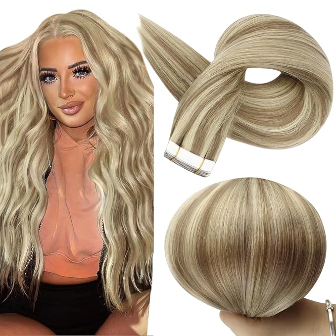 Full Shine Tape in Hair Extensions Real Human Hair 22Inch Color 16 Highlighted 22 Blonde Hair Extensions Tape in 50Gram Pu Tape ins Human Hair Seamless Skin Weft Extension Natural Hair 20Pcs