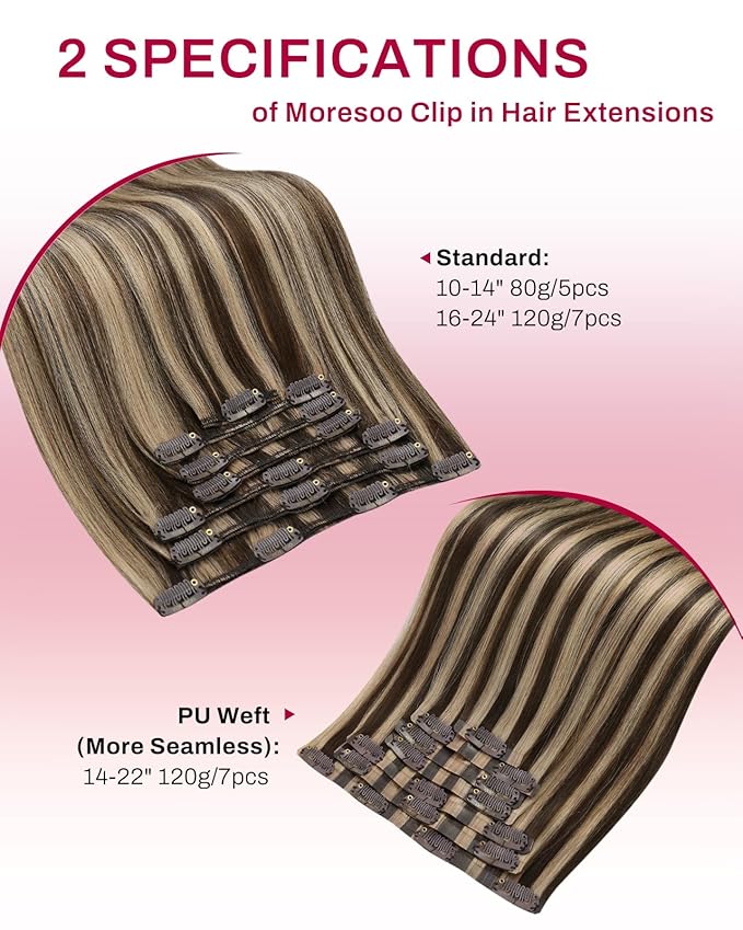 Moresoo Remy Hair Extensions Clip ins Dark Brown with Blonde Highlights Clip in Extensions Real Human Hair Dark Brown with Caramel Blonde Double Weft for Short Human Hair 80g/5pcs 14 inch
