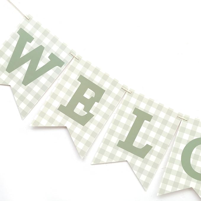Sage Green Gingham Welcome Baby Shower Banner - Image 4