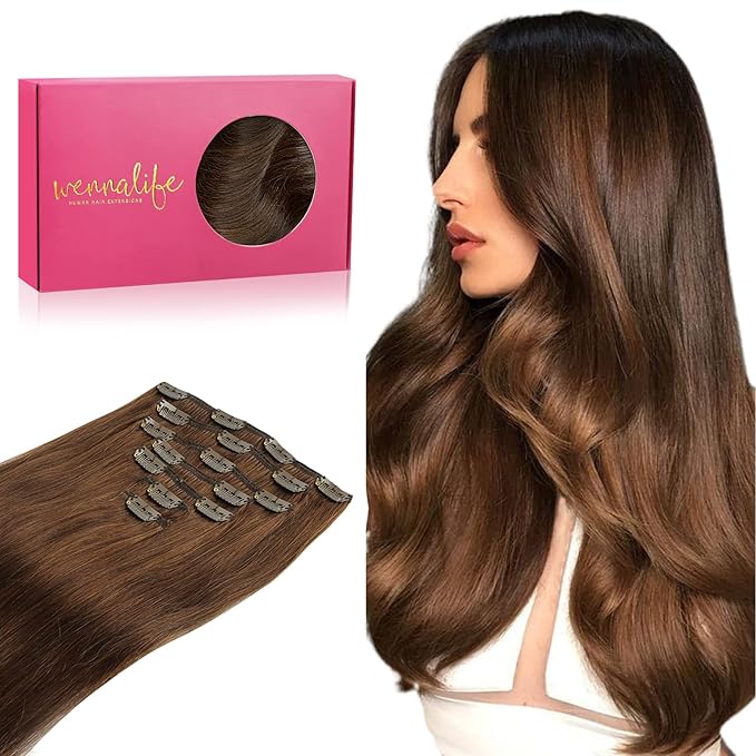 WENNALIFE Clip in Hair Extensions Real Human Hair, 22 Inch 130g 7pcs Remy Hair, Chocolate Brown Straight Natural Extensiones De Cabello Humano Con Clip Ins