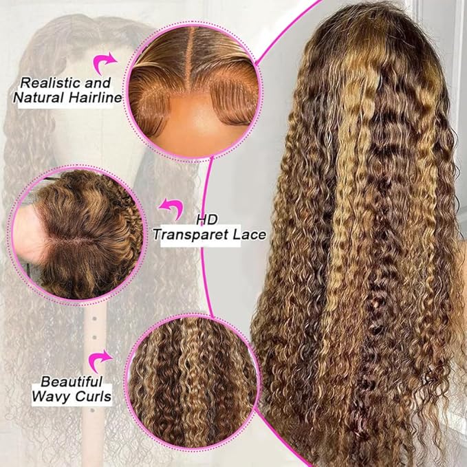 30inch Highlight Ombre Lace Front Wig Human Hair 13x6 HD Honey Blonde 4/27 Deep Wave Lace Frontal Wigs Glueless Wigs Human Hair (4/27 Honey Blonde, 32inch)