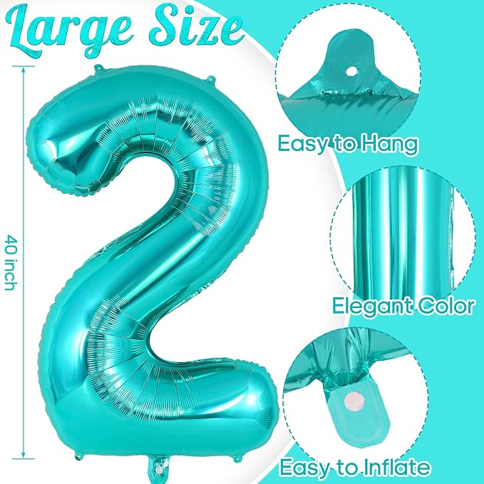 Teal Blue Number 2 Balloon, 40 Inch Big Large Foil Helium Number Balloons - Image 3