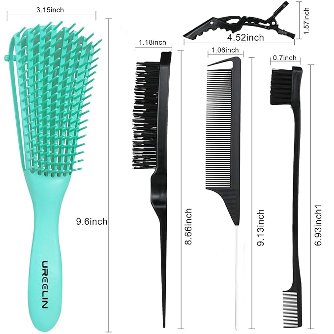 Detangling Brush Set: Ergonomic Edge & Back Brush, Rat Tail Comb, Alligator Clips for 3a to 4c Textured, Kinky, Wavy, Coily, Wet, Dry, Oily, Thick or Long Hair (Green)