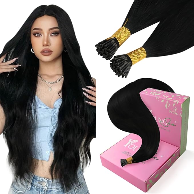YoungSee 26 Inch I Tip Hair Extensions Human Hair Black Itip Extensions Black I Tip Hair Extension Real Human Hair Jet Black 50s 50g