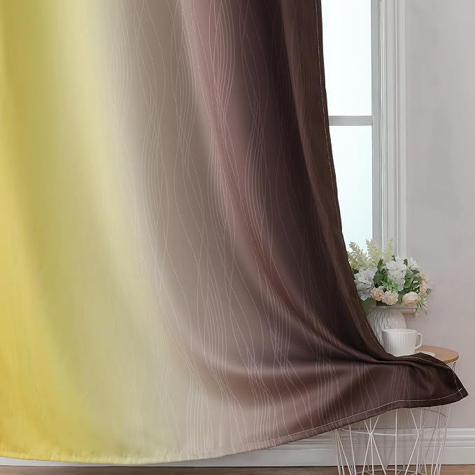 Yellow and Brown Blackout Curtains, Full Light Blocking Gradient Grommet Drapes - Image 6