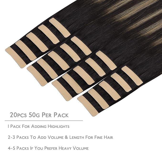 WENNALIFE Tape in Hair Extensions Human Hair, 20pcs 50g 14 inch Natural Black to Light Blonde Remy Hair Extensions Straight Human Hair Tape in Extensions Skin Weft Tape Extensions Human Hair