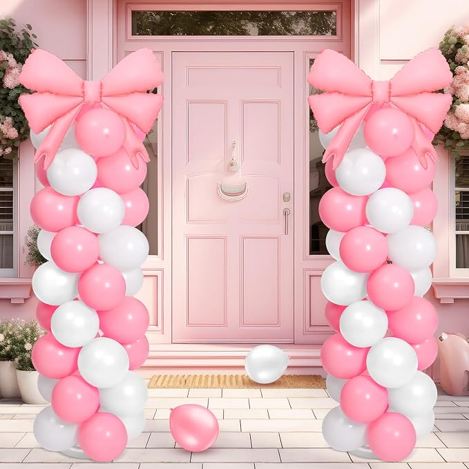 2 Sets Pink White Bow Balloon Column Stand Kit Includes 2 Bows & 100 Latex - Image 7