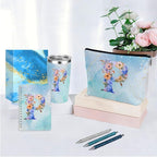 Personalized Gifts Monogrammed Birthday Gifts for Women, Mommy, Female Going Away Christmas, Initial 20 oz Tumbler, Makeup Cosmetic Bag Cup Pens Journal Notebook 6 Set, (Aesthetic Blue Flower P)