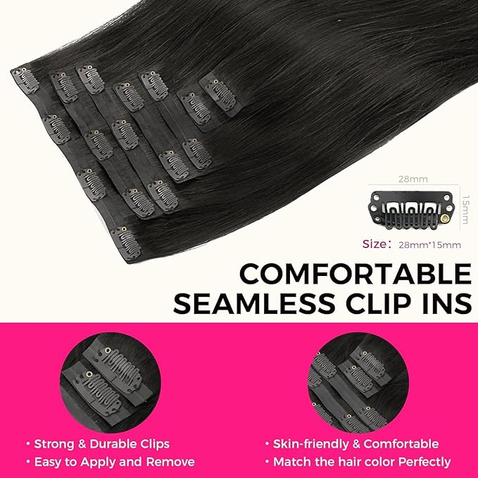 Lashey Seamless Clip in Human Hair Extensions, 110g 7pcs Straight 18 Inch Hair Extensions Natural Black 100% Real Human Hair Clip in Hair Extensions with Soft PU Skin Weft for Black Women