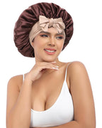 AWAYTR Silk Bonnet for Sleeping Women 100% Mulberry Silk Bonnet with Band 2 Layer Reversible Hair Bonnet Sleeping Hair Wrap (Dark Brown/Light Champagne)