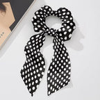 White Black Ribbon Bow Elastic Hair Ties for Women 2 Pack Polka Dot Knotted Bow for Women Travel No Damage Scarf Scrunchy for Thick Hair