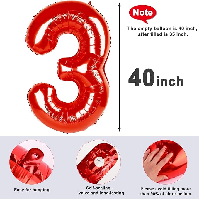 Number 3 Balloons 40 Inch Red Balloon - Image 6