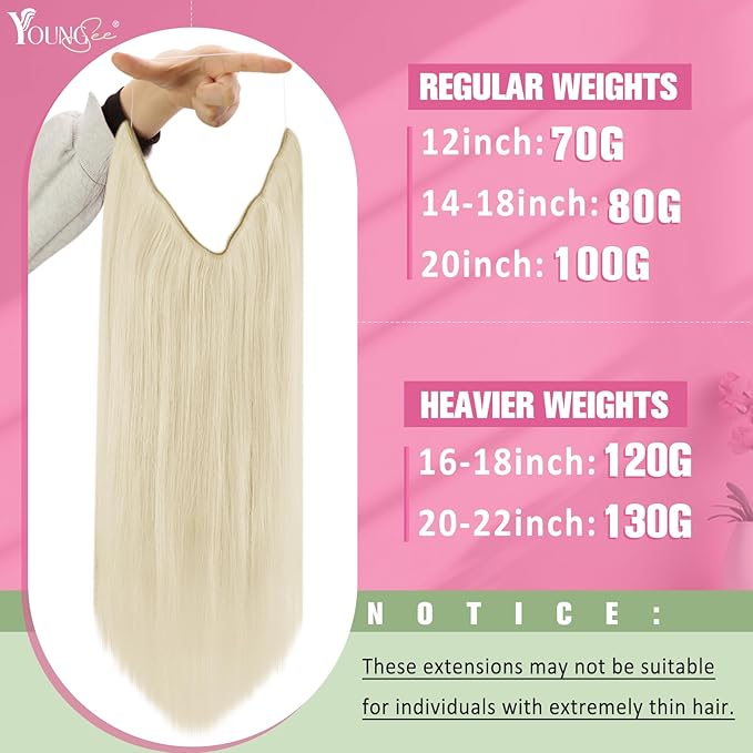 YoungSee Wire Hair Extensions Blonde Invisible Wire Hair Extensions Real Human Hair Platinum Blonde Dyable Headband Hair Extensions for Women 12In 70G