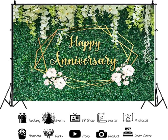 Happy Anniversary Banner Backdrop Decorations 5.9×3.6Ft | Green Leaves Wall - Image 5