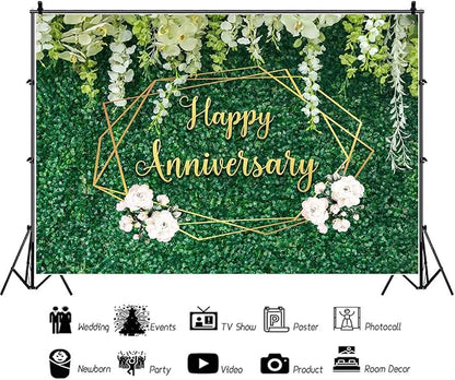 Happy Anniversary Banner Backdrop Decorations 5.9×3.6Ft | Green Leaves Wall - Image 5