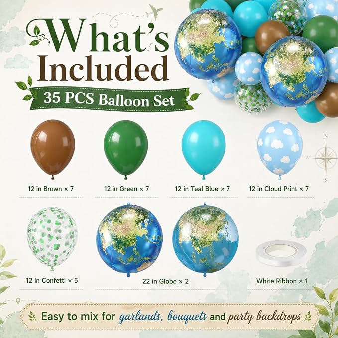 Earth Balloons, 12 Inch Green Brown Blue Cloud Print Balloons - Image 2