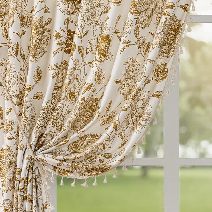 Vintage Tan Floral Curtains by F-CHU