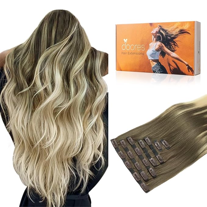 DOORES Remy Hair Extensions, Ash Brown to Platinum Blonde 16 Inch 110g 7pcs, Seamless Clip-in Hair Extensions with Natural Straight Hair and Invisi Edge