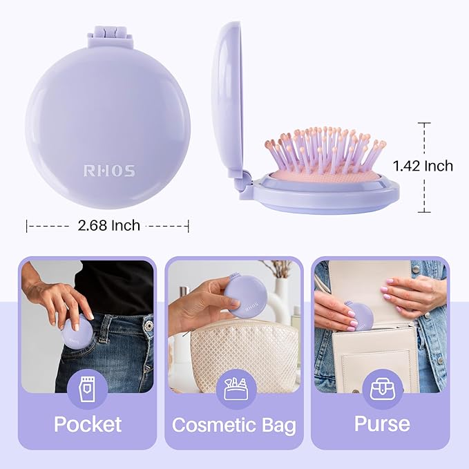 RHOS Hair Brush with Mirror for Women, Girls - Compact Folding Brush with Soft Nylon Bristles and Mirror - Portable Hair Brush for Travel (Purple)