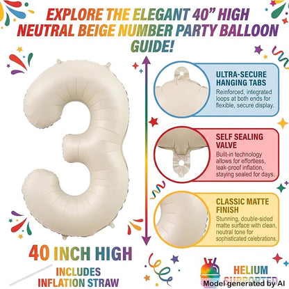 40 Inch Cream Foil Number 3 Balloon - Image 2