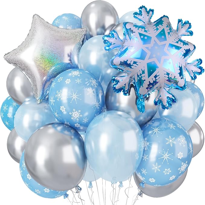 Winter Snowflake Balloons, 12 Pearl Light Baby Blue Silver Latex Balloons by Paeyeq