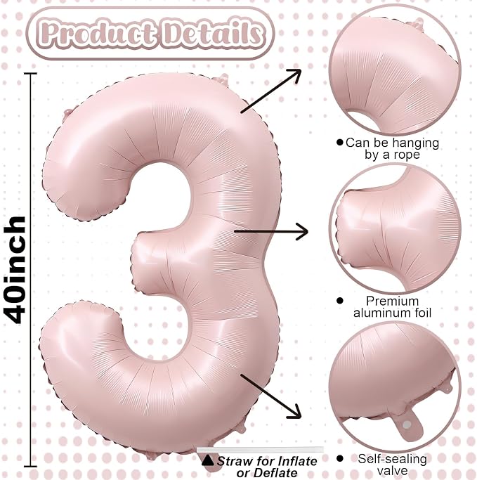 Pink Number 3 Balloon, 40 Inch Giant Pastel Light Pink Number Balloons 0-9 - Image 2