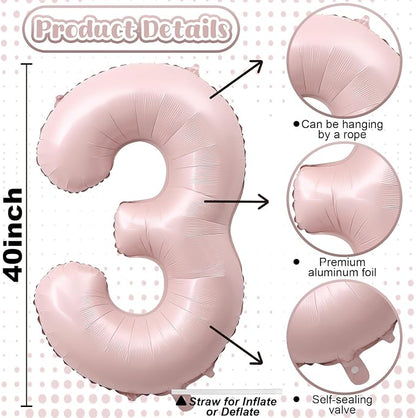 Pink Number 3 Balloon, 40 Inch Giant Pastel Light Pink Number Balloons 0-9 - Image 2