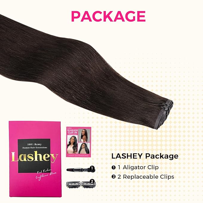 Lashey Seamless Clip in Hair Extensions Human Hair #2 Dark Brown Light Yaki Straight Clip in Extensions Real Human Hair 7pcs 110g 20 Inch PU Weft Natural Hair Extensions for Women