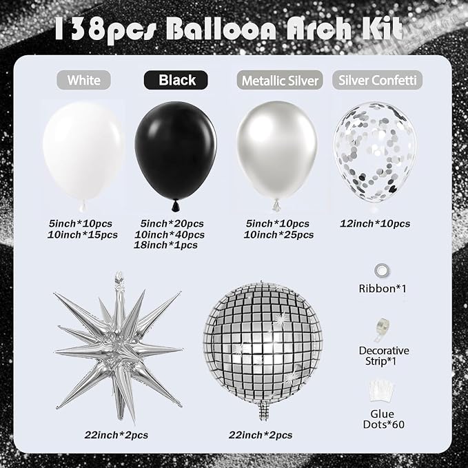 Black Silver Balloon Arch Kit 138Pcs Black White Metallic Silver Confetti Disco - Image 2