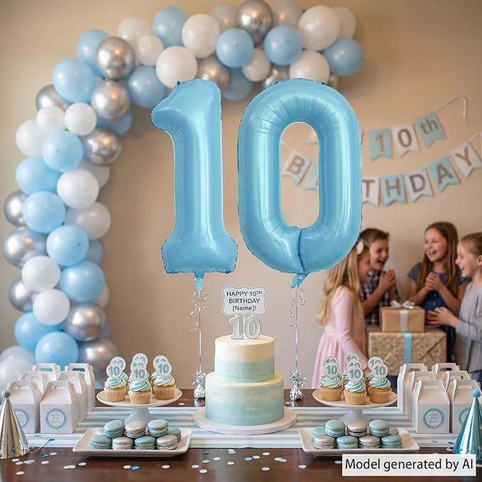 Pearlescent Blue Number 10 Balloon 40 Inch, Large Light Blue Foil 10th Birthday - Image 2