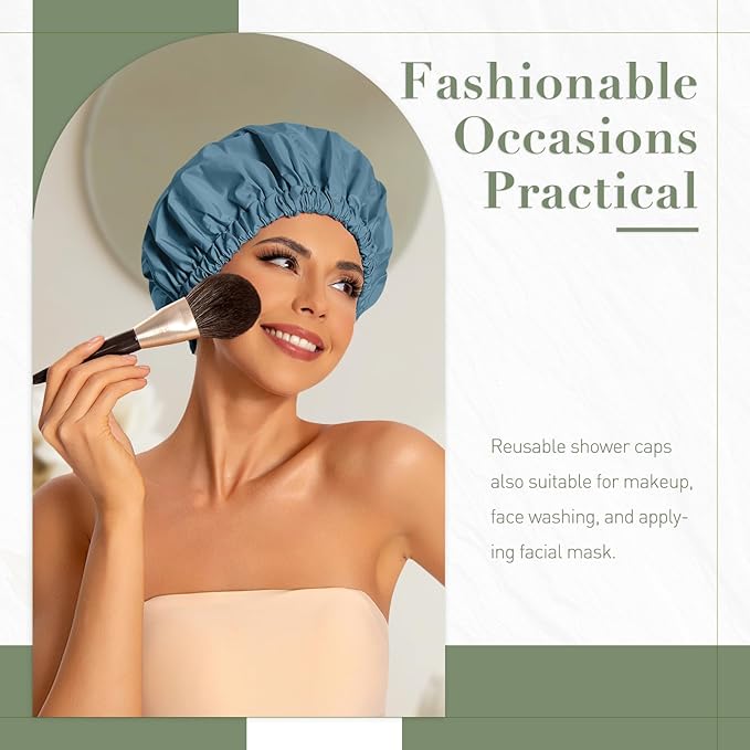Reusable Shower Cap for Women, Large Waterproof Shower Essentials Bonnet Washable Elastic Band Bath Hair Wrap Hat for Long Hair, Braids(Haze Blue)