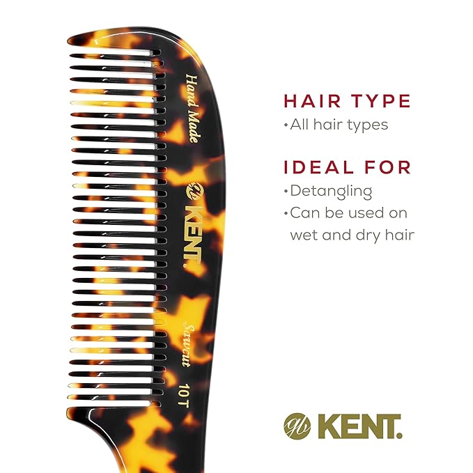 Kent 10T TY Large Wide Tooth Detangler Comb - Handmade Rake for Curly, Wet or Dry Thick Hair - Smooth and Comfortable Saw Cut Design for Detangling