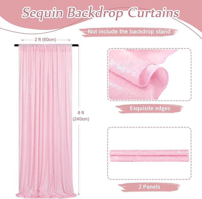 Pink Sequin Backdrop Curtains-2 Panels 2FTx8FT Pink Backdrop - Image 3