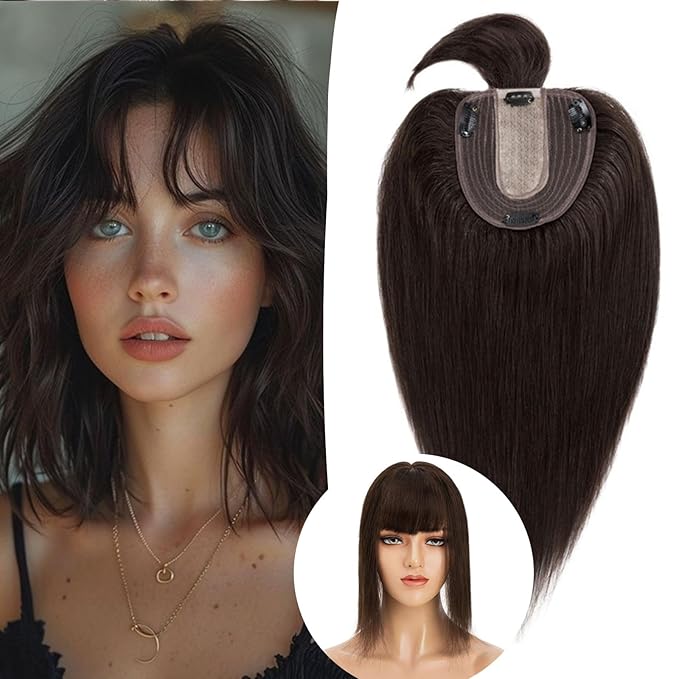 Rich Choices Real Human Hair Toppers for Women With Bang 100% Remy Human Hair Topper for Thinning Hair Clip in Silk Base Hair Topper 10 Inch #2 Dark Brown