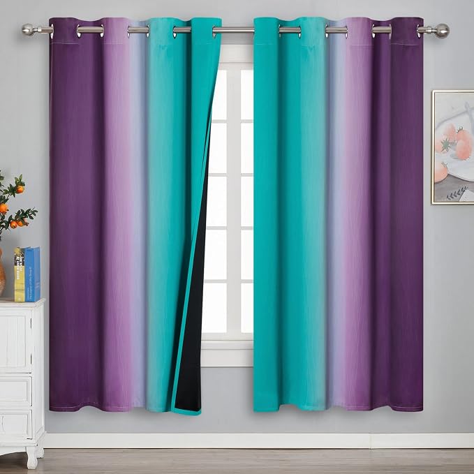 Ombre Teal and Purple Blackout Curtains 72 Inch Length 2 panels, Grommet by ESTELARTEXTILER