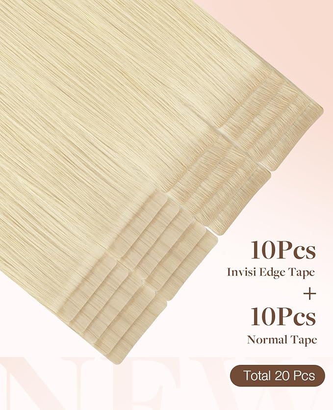 GOO GOO Invisi Edge Tape in Hair Extensions Human Hair, 613R Bleach Blonde 10pcs injected with 10pcs classical tape ins, 16inch 50g, Virgin Remy Hair, Natural Look