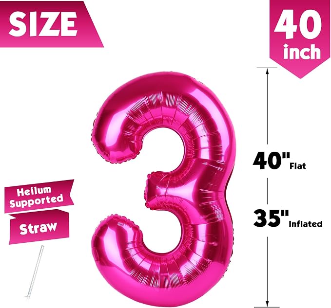 40 Inch Hot Pink Number 3 Balloon, 3rd Birthday Party Decorations | 40 Inch Hot - Image 5
