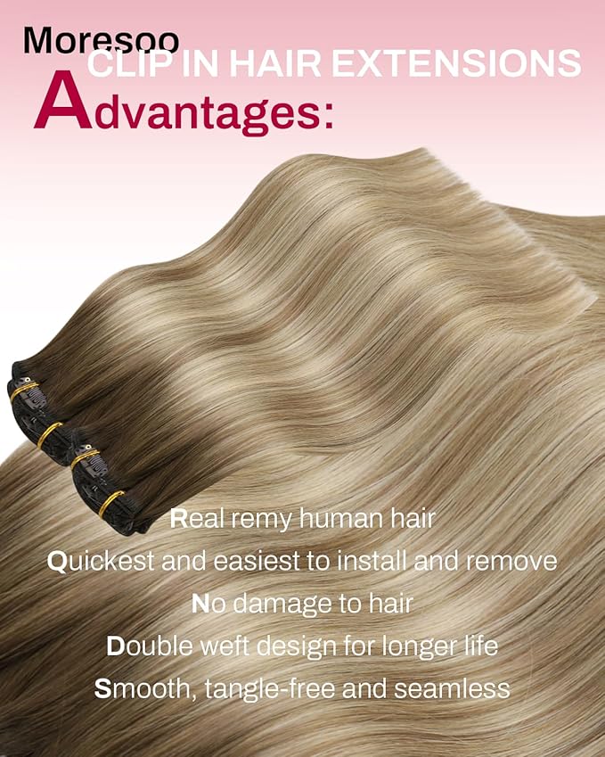 Moresoo Seamless Clip in Hair Extensions Human Hair Balayage Remy Straight PU Weft Human Hair Clip in Extensions Full Head Ombre Brown to Light Brown with Golden Blonde 7pcs/120g 20inch