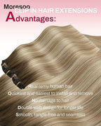 Moresoo Seamless Clip ins Human Hair Balayage Brown to Blonde Clip in Hair Extensions Real Human Hair Light Brown with Medium Blonde Pu Skin 120g/7pcs 16 inch