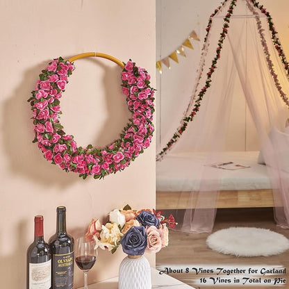 Artificial Flower Garland 8pcs 8.2ft Rose Vine Decor, Magenta Flower | PONKING - Image 4