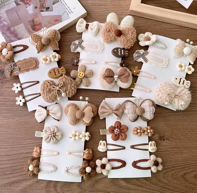 Hair Clips for Baby Girls-8 Pcs Beige Hair Accessories with Knitted Flower, Bow, Butterfly Designs-Soft Wool and Crochet Hairpins-Non-Slip Barrettes for Daily and Occasional Wear (Design 2-8pc Set)